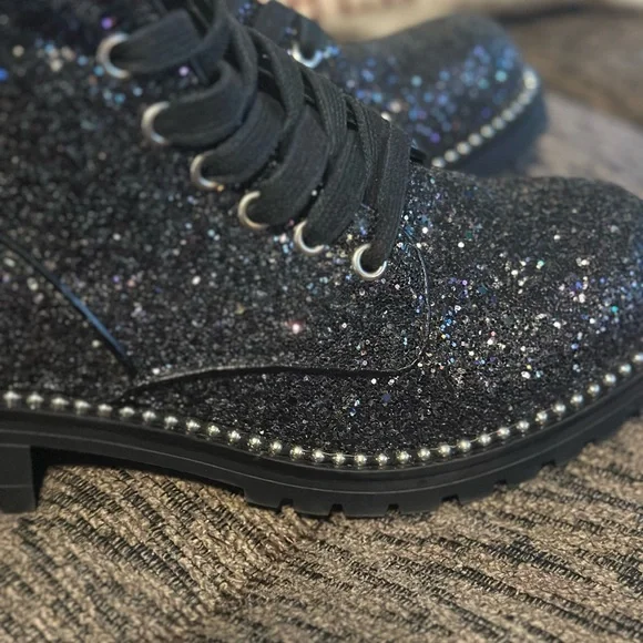 Black Glitter Combat Boots - Picture 3 of 8